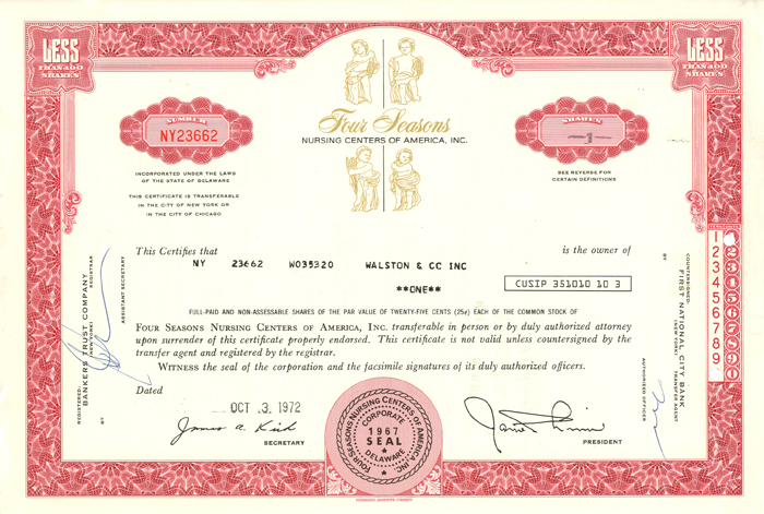 Four Seasons Nursing Centers of America Inc. - Stock Certificate